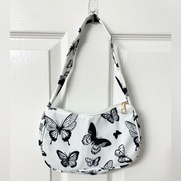 White Butterfly Shoulder Bag Y2K Mini Purse Zip Closure - Picture 5 of 7